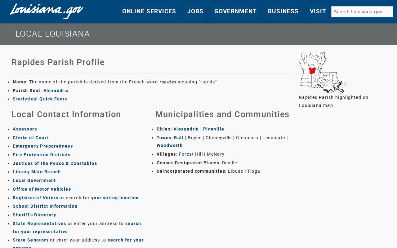 Official Rapides Parish profile identifying Alexandria as the parish seat
