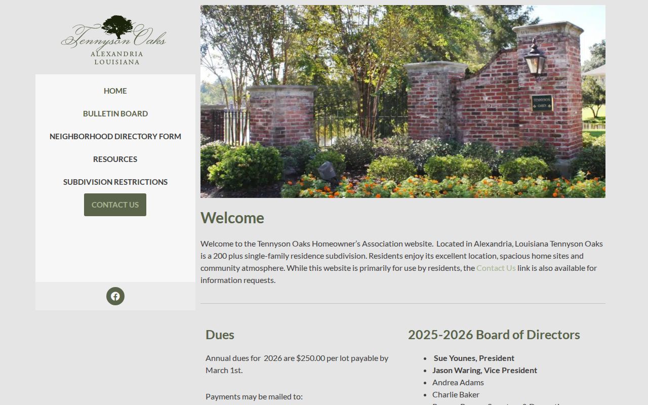 Tennyson Oaks neighborhood website in Alexandria Louisiana