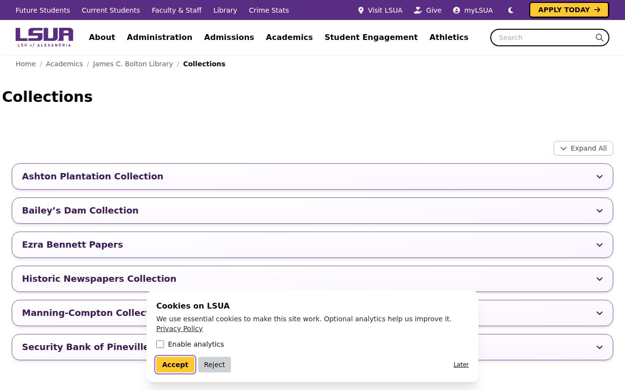 LSUA library collections page for Central Louisiana historical sources