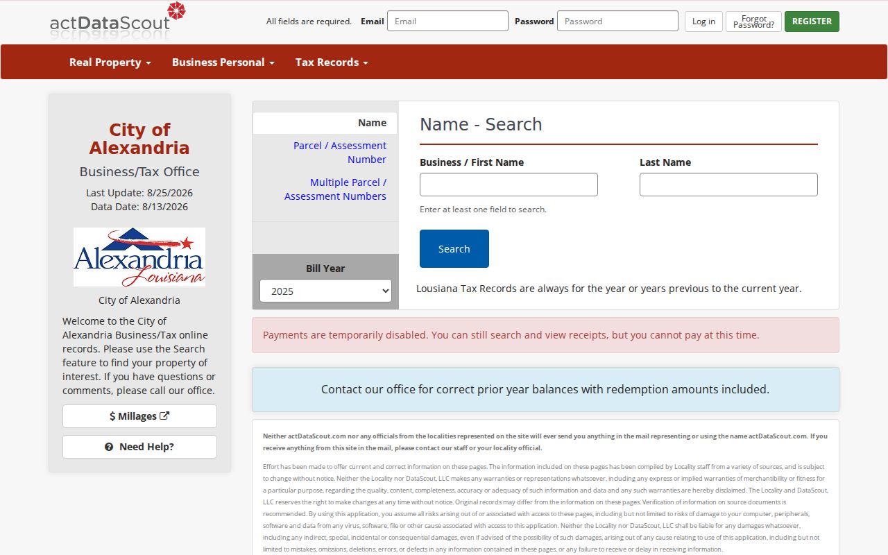 Alexandria city property tax portal used after ZIP address verification